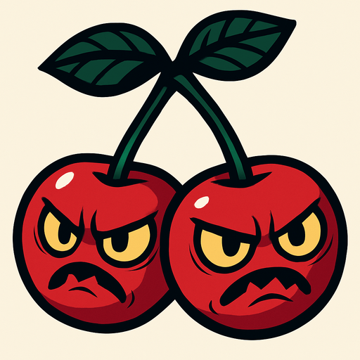 La Petacereza es un par de cerezas gemelas de un rojo intenso y brillante, unidas por sus delgados tallos que se juntan en una pequeña ramita coronada por tres hojas verdes oscuras. Cada fruto tiene rasgos agresivos: ojos amarillentos con iris rojizos y cejas fruncidas, y bocas torcidas en muecas de enfado que sugieren su inminente explosión. Sus superficies lucen suaves, con leves reflejos que acentúan su redondez perfecta..
In-Game asset.  2d.  High contrast.  No shadows
