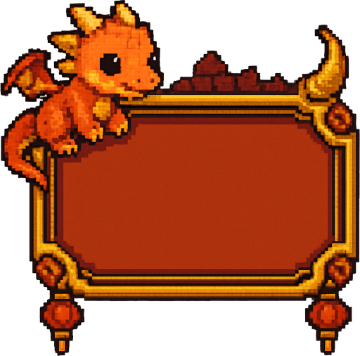 A horizontally-oriented pixel art score frame designed for a fantasy-themed 2D retro game featuring a baby dragon.
The frame is intended to be placed at the top center of the screen during gameplay.
It has a rounded rectangular shape with a rich dark red or deep gold background and mystical decorative accents.
The inside of the frame is filled with a solid warm color (not transparent) to allow number assets to be placed on top.
Small fantasy elements like tiny dragon scales, curved horns, or red lantern motifs can appear on the corners or edges to match the baby dragon theme.
The overall look is mystical, cute, and fits a traditional Eastern-inspired fantasy aesthetic..
In-Game asset.  2d.  High contrast.  No shadows. pixel art. side view. fantasy. retro game. dragon theme. eastern style. cute. rich colors. mystical