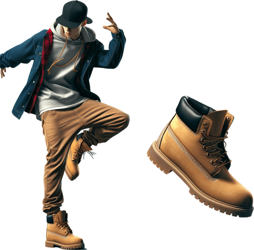 A Krump Dancer wearing a snapback and Timberlands shoes Single Game Texture. In-Game asset. 2d. Blank background. High contrast. No shadows.