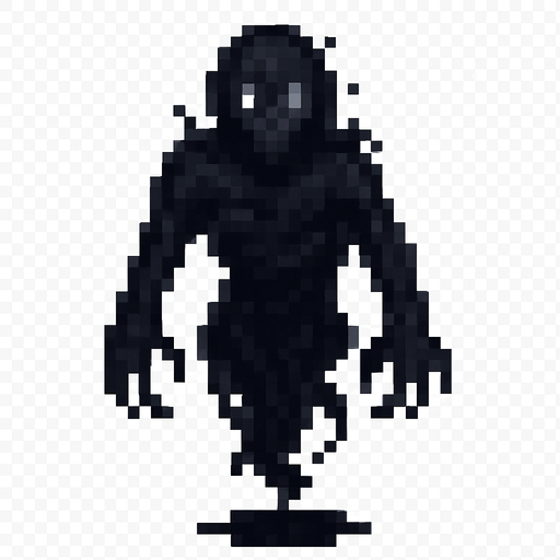Create a pixel-art character sprite of "Karabasan" – a dark, shadowy figure from Turkish folklore known to sit on people’s chests during sleep. The character should be faceless or have a barely visible distorted face with empty glowing white eyes. Its body should appear as a mass of smoky darkness, loosely humanoid, with long arms, claw-like hands, and ragged shadowy edges. It should look like it’s floating slightly above ground. Retro horror 2D game style. PNG format with transparent background, idle position facing forward..
In-Game asset.  2d.  High contrast.  No shadows