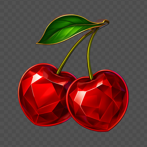 Crea un asset para el símbolo 'E' de Megaways: Cerezas Lujosas.
Dos cerezas rojas, estilizadas para parecer joyas o gemas, con una superficie brillante y reflejos. El tallo debe ser fino y elegante. Colores rojos intensos y brillantes. Estilo de casino sofisticado. Fondo transparente. Un giro elegante a un clásico (20x).
In-Game asset.  2d.  High contrast.  No shadows