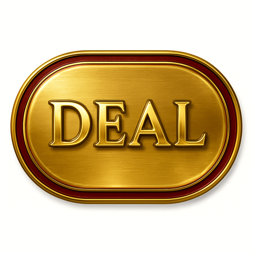 Crea un asset visual para el botón 'DEAL' (Repartir) para la mesa de Blackjack de lujo.

Objetivo: Un botón claro y elegante que inicie la ronda de Blackjack, coherente con la opulencia del casino.

Diseño:

Forma: Puede ser un óvalo o un rectángulo con bordes suaves, que sea prominente y fácil de pulsar.

Texto Central: La palabra 'DEAL' (o 'REPARTIR') en mayúsculas, con una tipografía audaz, limpia y elegante de casino.

Color: Base en un color dorado brillante o metálico, que simule oro pulido. Puede tener un borde o un acento en rojo rubí o verde esmeralda para complementar la paleta del casino.

Efectos (si Upit lo permite):

Sutil efecto de relieve o biselado para darle profundidad.

Un ligero brillo o resplandor que sugiera energía y anticipación.

Textura que simule metal pulido o un material lujoso.

Fondo: El asset debe ser independiente con fondo transparente, listo para ser superpuesto en la interfaz de la mesa de Blackjack..
In-Game asset.  2d.  High contrast.  No shadows