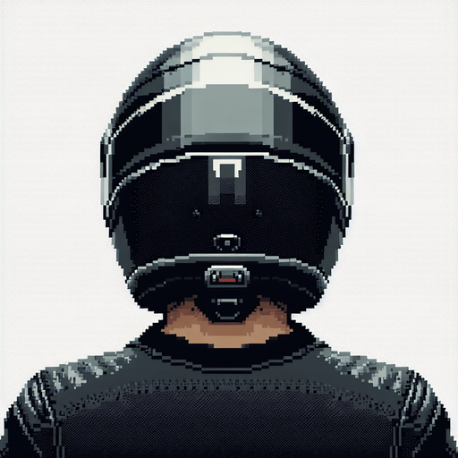 Directly overhead, plumb view of a man wearing a motorcycle helmet from the back (we see his back).
Zenith view, directly overhead, plumb view. NOT PERSPECTIVE!. Pixel art