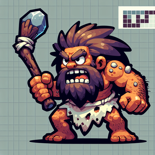 A animated image of a aggressive caveman with a club.
Single Game Texture. In-Game asset. 2d. Blank background. High contrast. No shadows.