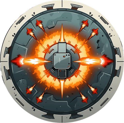 Extra missile powerup circle. Missile and plus sign.
Single Game Texture. In-Game asset. 2d. Pixelart. White background. Blank background. Low detail. High contrast.