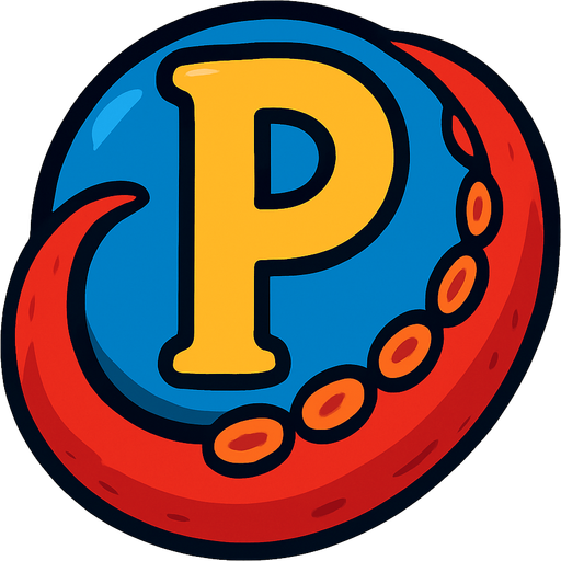 una p dentro de una esfera con un brazo de un pulpo rojo rodeandola.
In-Game asset.  2d.  High contrast.  No shadows