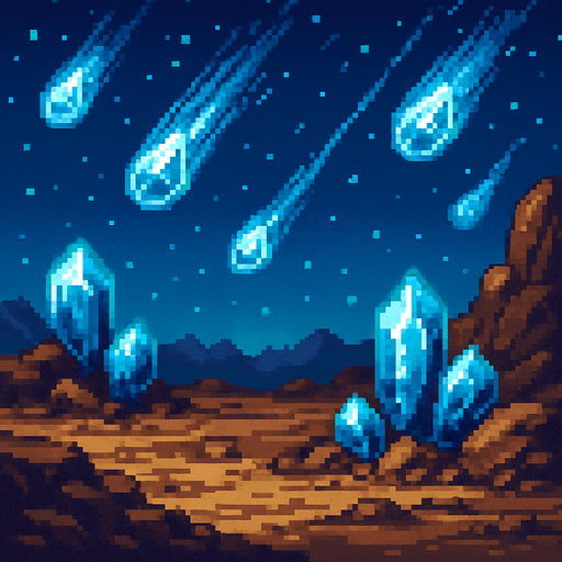 Gran paisaje con piedras brillantes azules callendo del cielo , pixelart.
In-Game asset.  2d.  High contrast.  No shadows