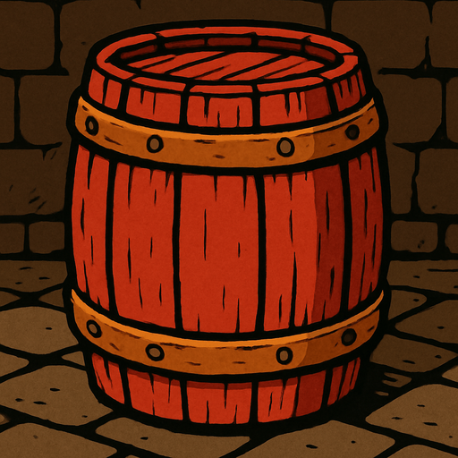 un barril rojo de era medieval.
In-Game asset.  2d.  High contrast.  No shadows