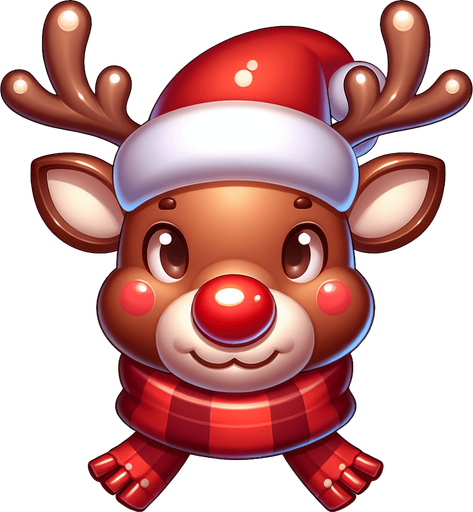 one cute christmas reindeer head with a red nose. plastic style. Single Game Texture. In-Game asset. 2d. Blank background. High contrast. No shadows.