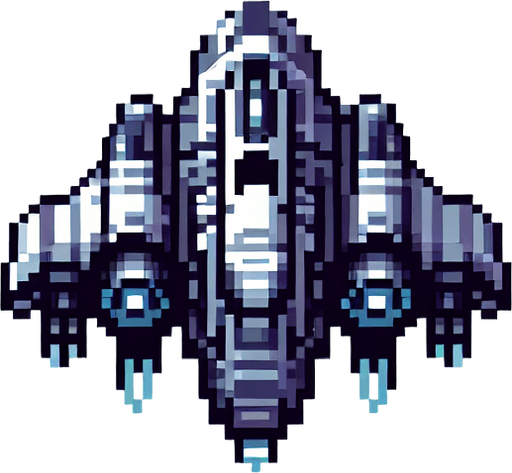 Spaceship 2D Pixel..
Single Game Texture. In-Game asset. 2d. Blank background. High contrast. No shadows.
