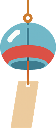 A flat, vector-style illustration of traditional Japanese wind chimes (furin) hanging from a string with a small paper tag. Gentle, peaceful design, transparent rounded background, suitable for mobile UI use..
In-Game asset.  2d.  High contrast.  No shadows