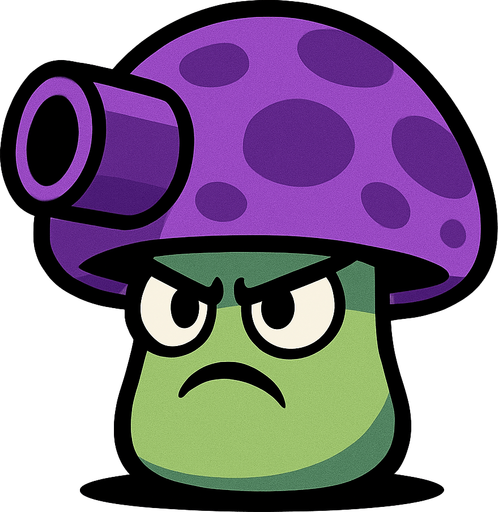 Cabeza (sombrero del hongo): Es grande, redonda y de color morado con manchas más oscuras. En el frente tiene una estructura que parece una boquilla o cañón, lo que da la impresión de que puede disparar algo.

Cuerpo: Pequeño y de color verde claro, con una expresión facial seria o enojada. Tiene ojos grandes y cejas inclinadas hacia abajo, lo que resalta su actitud agresiva o decidida.

Estilo: Es un diseño al estilo de caricatura o videojuego, similar a los personajes de Plants vs. Zombies..
In-Game asset.  2d.  High contrast.  No shadows