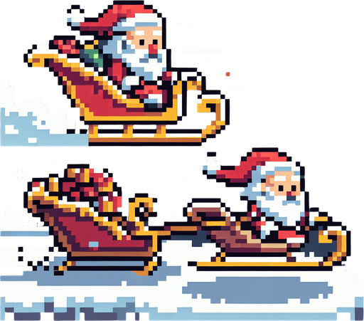pixelart. christmas. santa in sleigh. from the side. flying. Single Game Texture. In-Game asset. 2d. Blank background. High contrast. No shadows.