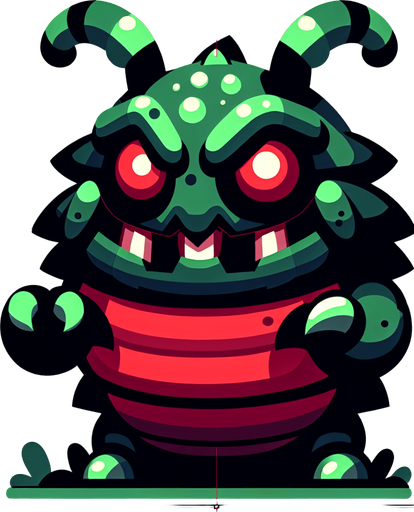a cartoon bug. evil looking. dark green and red color..
Single Game Texture. In-Game asset. 2d. Blank background. High contrast. No shadows.