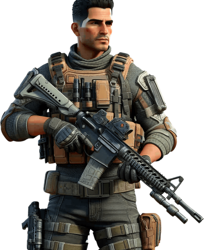 A man in the army suited with weapons.
Single Game Texture.  In-Game asset.  2d.  Blank background.  High contrast.  No shadows