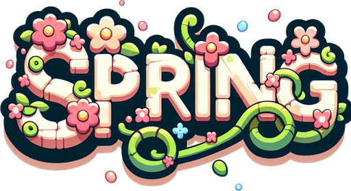 Create a SVG text design in bold cartoon style: "SPRING" in chunky rounded letters with floral accents and vines. Use spring pastels.​​​​​​​​​​​​​​​​.
Single Game Texture. In-Game asset. 2d. Blank background. High contrast. No shadows.