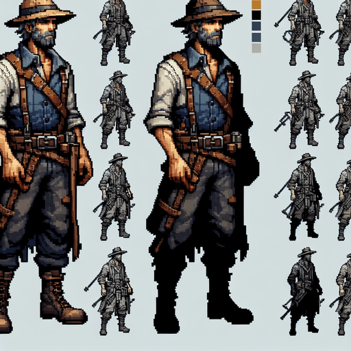 Farmer.
Single Game Texture.  In-Game asset.  2d.  Blank background.  High contrast.  No shadows