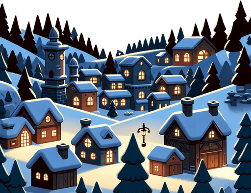 Christmas night, a village in the bottom, cartoon Single Game Texture. In-Game asset. 2d. Blank background. High contrast. No shadows.