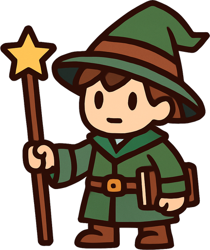 Mago principiante con sombrero verde y marrón.
In-Game asset.  2d.  High contrast.  No shadows