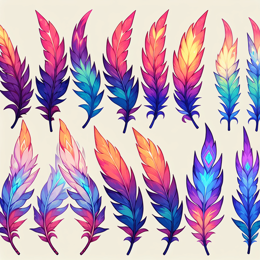 A sprite sheet of Phoenix feathers. Single feather..
Single Game Texture. In-Game asset. 2d. Blank background. High contrast. No shadows.