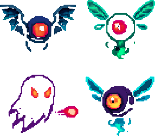Crea enemigos voladores estilo pixel art, ideales para un juego de plataformas retro. Deben flotar o volar sobre el jugador, con movimientos suaves o erráticos. Pueden tener alas mecánicas, alas de insecto, o simplemente levitar con energía. Que se vean amenazantes, pero simples de animar.

Pueden tener:

Ojos brillantes o un solo ojo (tipo dron o criatura mágica).

Colores oscuros o neón, para resaltar en niveles digitales o de noche.

Algunos pueden disparar proyectiles, otros solo hacen daño al contacto..
In-Game asset.  2d.  High contrast.  No shadows