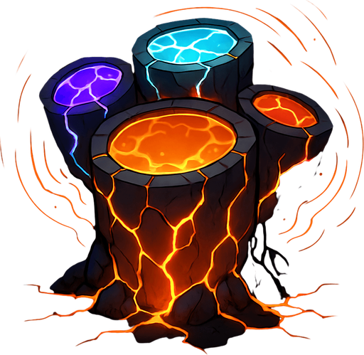 Una estructura imponente, como una batería gigante, con tambores hechos de cristales vibrantes o rocas volcánicas incandescentes. Podría tener vetas de energía luminosa (magma, hielo o electricidad) recorriendo su superficie, y un aura de pulsaciones rítmicas visibles. La base podría estar agrietada por la energía que emana..
In-Game asset.  2d.  High contrast.  No shadows