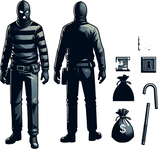 Robber.
Single Game Texture. In-Game asset. 2d. Blank background. High contrast. No shadows.