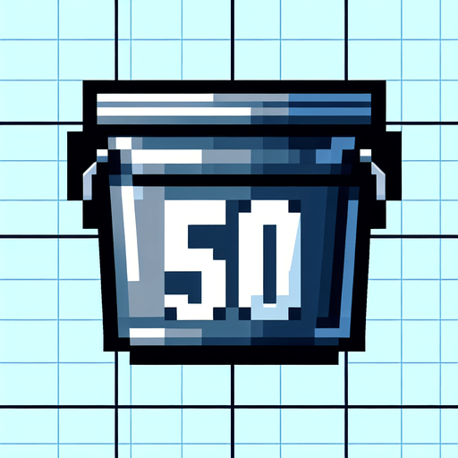 bucket with 50 text on it. front view. 
Single Game Texture. In-Game asset. 2d. Blank background. High contrast. No shadows. pixel. 8 bit
