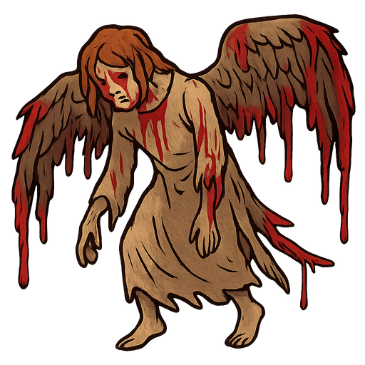 an angel in pain, bleeding and sagging wings. No background. Transparent background. Blank background. No shadows. 2d. In-Game asset. flat