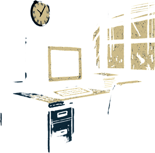 a creepy office.
In-Game asset.  2d.  High contrast.  No shadows