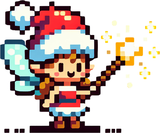 a cute little fairy standing with a santa hat and a magic wand Single Game Texture. In-Game asset. 2d. Blank background. High contrast. No shadows.