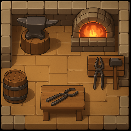 kale olmasın. Top down bir orta çağ demirci evi olsun