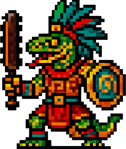 Generame un guerrero azteca con patrones, estilo pixelar, ademas sera un Serpiente sabanera humanoide.
In-Game asset.  2d.  High contrast.  No shadows
