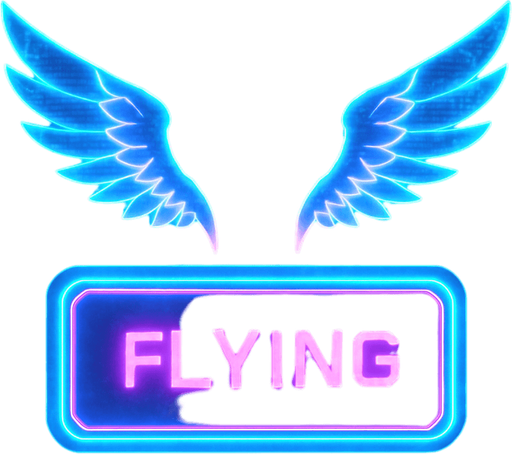 neon cyberpunk glowing FLYING button blue pink futuristic videogame hologram two feathered hologram wings off top