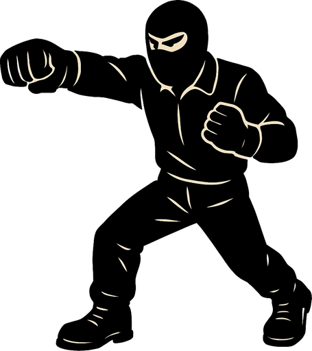 hombre con camisa negra de manga larga, pantalones negros, botas negras y guantes negros y un pasamontañas negro dando un puñetazo..
In-Game asset.  2d.  High contrast.  No shadows