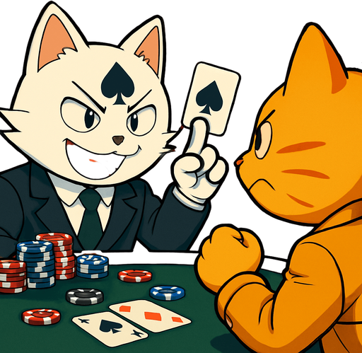 16:9 App Store banner with these two cats playing cards across the table from each other.  View is over the left shoulder of the orange cat towards the white cat, who is holding a card in the air with two fingers and looking triumphant. Poker chips are scattered across the table.