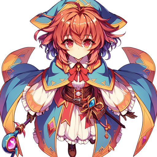 top down anime mage character.
Single Game Texture.  In-Game asset.  2d.  Blank background.  High contrast.  No shadows