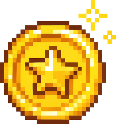 Golden coin sprite, shiny yellow gold surface, circular shape with star or gem symbol in center, pixel art style, slight shine effect or sparkle, collectible item appearance, rotating animation-ready, bright and eye-catching, classic video game coin design, 16-bit aesthetic, transparent background.
In-Game asset.  2d.  High contrast.  No shadows