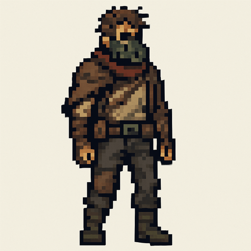 Post apocalyptic man pixel art less pixel.
In-Game asset.  2d.  High contrast.  No shadows. Pixel art