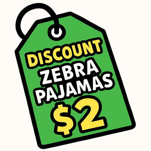 green price tag that says discount zebra pajamas $2.
In-Game asset.  2d.  High contrast.  No shadows