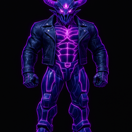 Black leather biker jacket longsleeves bare segmented neon cyberpunk pecs abs muscles robot monster hunk Neon cyberpunk 3d hologram corporate occult demon android mecha robot sentinel guard soldier machine monster fully in frame no part cut off no background anime futuristic Background removed, "Full-body character, entirely in frame, no cropping of face, head, or feet" "Complete character visible, from head to toe, fully centered in the image" "Entire character, including face and boots, fully within the frame" Character fully contained within a square frame, no edges cut off  horns through boots