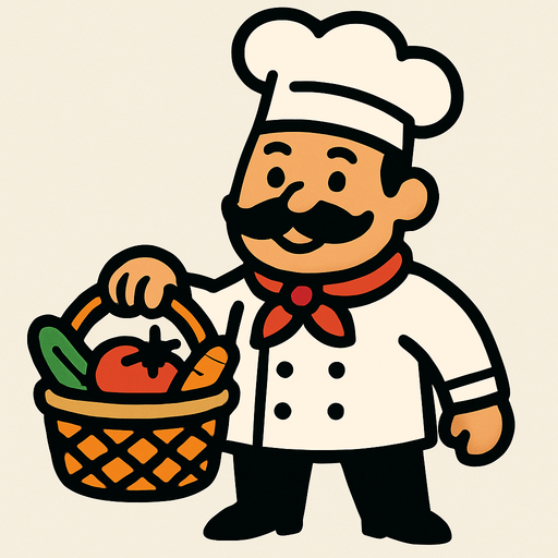 Chef con una cesta en la mano.
In-Game asset.  2d.  High contrast.  No shadows