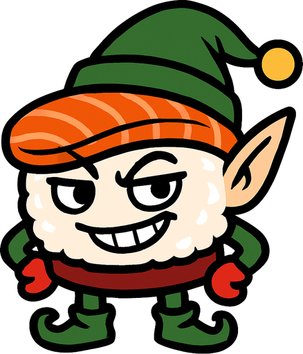 Un sushi con cara traviesa y con aspecto de elfo navideño.
In-Game asset.  2d.  High contrast.  No shadows