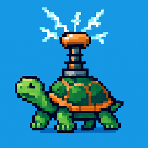 a turtle with a tesla tower on her shell, pixelart.
In-Game asset.  2d.  High contrast.  No shadows