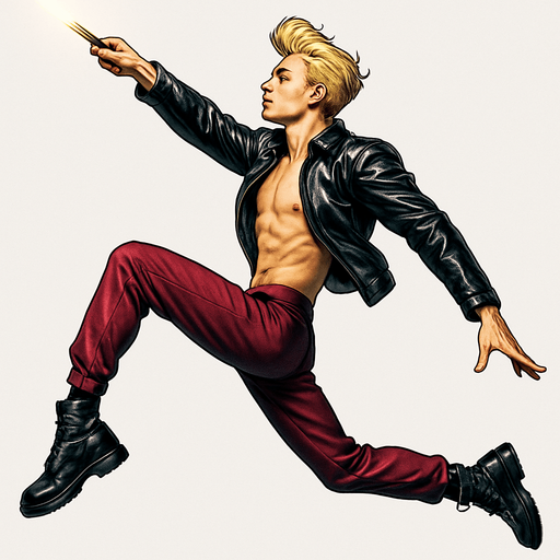 Swishy graceful man opposite arm and leg in front Cyberpunk manga, side profile view jumping pushing off the ground one leg extended one knee raised arm extended overhead Superman flying but fashion pose looking skyward torpedo magic launching leap jump, shiny black leather biker jacket longsleeves shirtless Skinny abs blonde pompadour guy, wine red joggers combat boots, Background removed, "Full-body character, entirely in frame, no cropping of face, head, or feet" "Complete character visible, from head to toe, fully centered in the image" "Entire character, including face and boots, fully within the frame" Character fully contained within a square frame, no edges cut off fashion model idle action pose