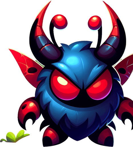 a cartoon bug. evil looking. dark blue and red color..
Single Game Texture. In-Game asset. 2d. Blank background. High contrast. No shadows.