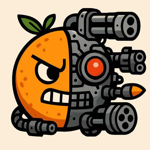 an orange circle with half of it being a cyborg and it is equiped with lots of weaponary.
In-Game asset.  2d.  High contrast.  No shadows
