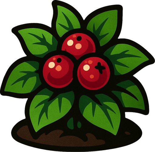a berry bush with a phew yummy berries on it.
In-Game asset.  2d.  High contrast.  No shadows