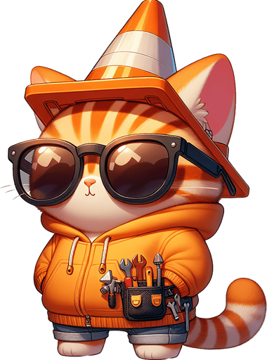 The character in the image is a cartoon-style, orange tabby cat with distinctive stripes. It sports a round face behind oversized, round circular, dark opaque sunglasses and has a notably small body compared to its head, enhancing its cute, chubby look. This cat is uniquely attired in a simple, light-colored hoodie with a drawstring, and atop its head sits a whimsical traffic cone, repurposed as a hat. Around its waist, a toolbelt is visible, equipped with various cartoon tools, suggesting a readiness for any construction task. Positioned with its paws in front, the cat maintains a relaxed posture, exuding a playful and whimsical vibe. This setup presents the cat not just as a casual mascot or a character in a children's book but as a creative introduction to the world of construction and imaginative play..
Single Game Texture. In-Game asset. 2d. Blank background. High contrast. No shadows.