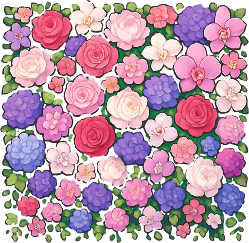 A beautiful flower wall made of a lush mix of vibrant, colorful flowers like roses, peonies, hydrangeas, and orchids. The wall is densely packed with blossoms in shades of pink, red, white, purple, and pastel tones. Greenery like ivy and leaves peek through the blooms, adding depth and contrast. The arrangement is elegant and symmetrical, ideal as a photo backdrop for events like weddings or parties. High-resolution, soft lighting, and dreamy atmosphere..
In-Game asset.  2d.  High contrast.  No shadows. cartoon style
